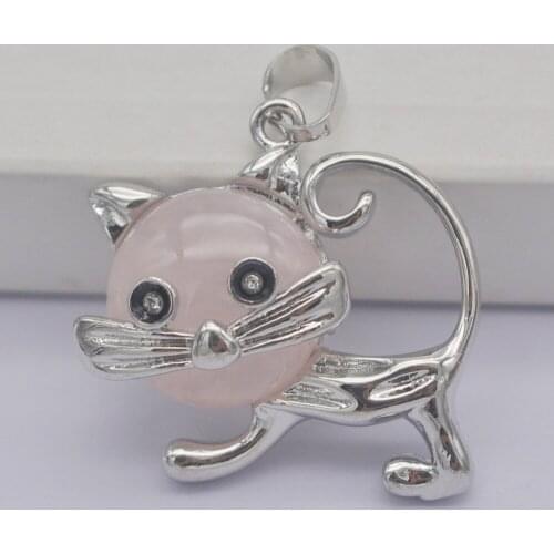 Rose Crystal Stone GEM Pendant Lovely Cat Animal Jewelry For Gift S3235