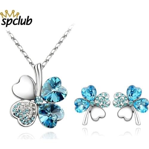 Romantic Fine Bride Sets Crystal From Swarovski Lucky Clover Necklace Big Ear Earrings Jewelry Set For Women Wedding Bijoux