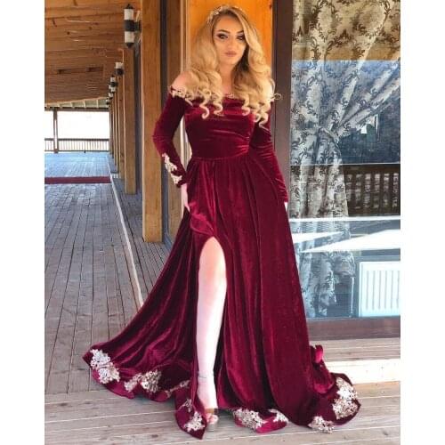 2021 Velvet Long Sleeve Off Shoulder Evening Dresses Saudi Arabia Split Side Appliques Formal Evening Party Gowns Robe De Soiree