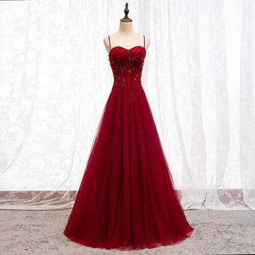 Wine Red Evening Dresses Sweat Spaghetti A-Line Beads Sequins Tulle Lace Up Wedding Princess Bridesmaid Bnquet Prom Gowns Sexy