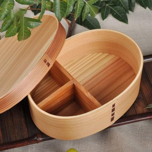 Japanese Lunch Box Wood Kids Food Container with 3 Dividers, Meal Prep Lunch Box Food Containers for Men/Women