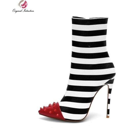 Original Intention Stylish Women Ankle Boots Pointed Red Rivet Toe Thin High Heels Boots Black White Stripe Shoes Woman