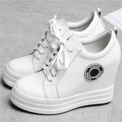 12cm High Heel Fashion Sneakers Women Lace Up Genuine Leather Wedges Ankle Boots Female Round Toe Platform Creepers Casual Shoes