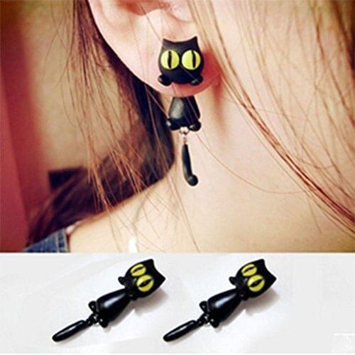New Design Fashion 100% Metal texture Yellow Eyes Black Cat 3d Animal Stud Earrings For Women Ear Stud Jewelry Brincos