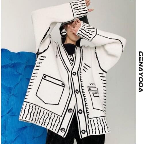 Genayooa Print Graffiti Unique Cardigan Women Loose V-neck Long Sleeve Luxury Knitted Female Cardigans Coat Y2k 2021 Winter