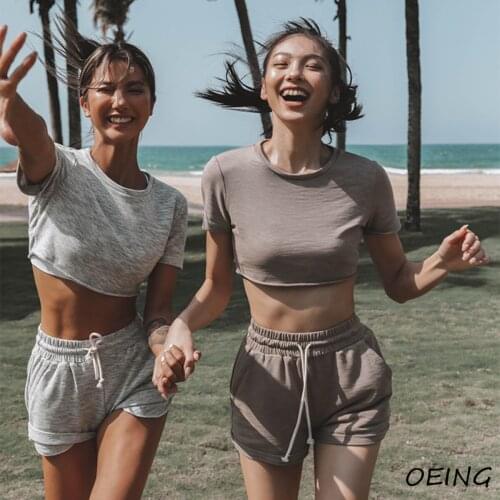 Sumer Women Tracksuit 2 Piece Sets Short Sleeve Sweat Crop Tops and Shorts Workout Clothes Sport Wear Set