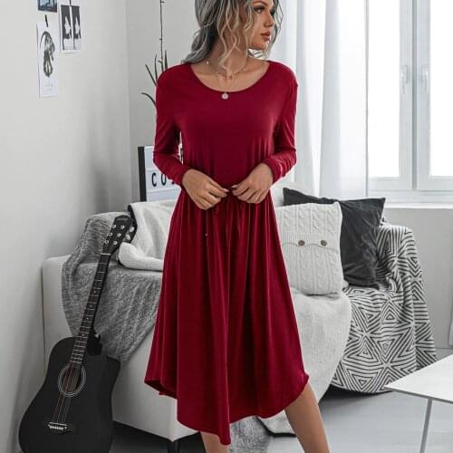 Womens Casual Swing Dresses Autumn Winter Long Sleeve O Neck Beach Cover Up Plus Size Loose Dresses Female