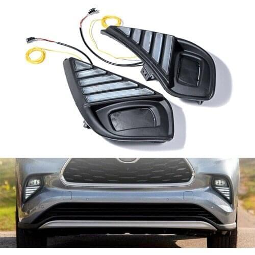 1Pair For 2020 2021 Toyota Highlander Car LED Daytime Running Light DRL Fog Lamp with Dynamic Turn Signal Lights