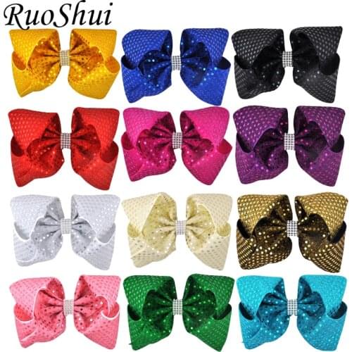 12PCS/LOT 8 Inch Delicate Rhinestone Hair Bow Grosgrain Ribbon Hairgrip Alligator Clips Headwear For Girls Hair Accessories