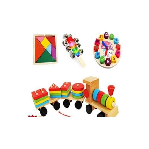 Super deal 4 in 1 Wooden Baby Rattle/orf music toy Building Clocks And Wooden train blocks Kids Educational Toys 4pcs /set