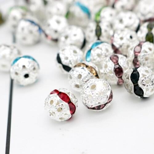 50pcs/lot Metal Beads With Rhinestone Multi Colors 8mm Silver Hollowed Ball Charms For Women Fashion Jewelry Bracelets Making