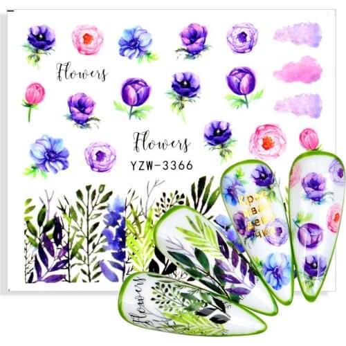 Purple Blue Flower Branches Nail Stickers Watercolor Floral Water Decals Green Leaf Slider For Nails Decoration