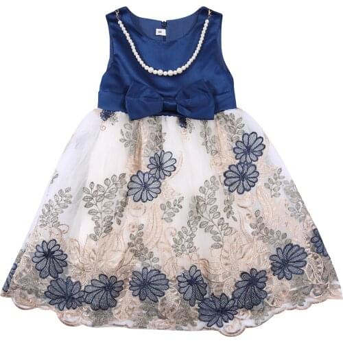 FOCUSNORM 2-9Y Summer Toddler Girls Party Dress Flower Embroidered Ball Gown Bowknot Mesh Dress With Removable Necklace