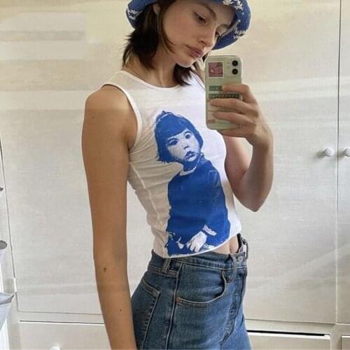 Summer Womens Stylish Personality Round Neck Tank Tops Trendy Portrait Letter Printed Sleeveless Slim Fit T-Shirts