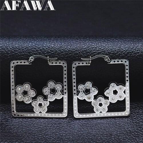 Geometric Flower Stainless Steel Crystal Hoop Earring Women Gold Silver Color Big Earrings Jewelry pendientes de acero EXS01