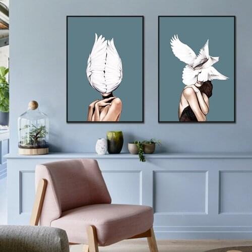 Hot Sale Poster and Prints Women With Feather Printing on Canvas Wall Picture For Home Decoration