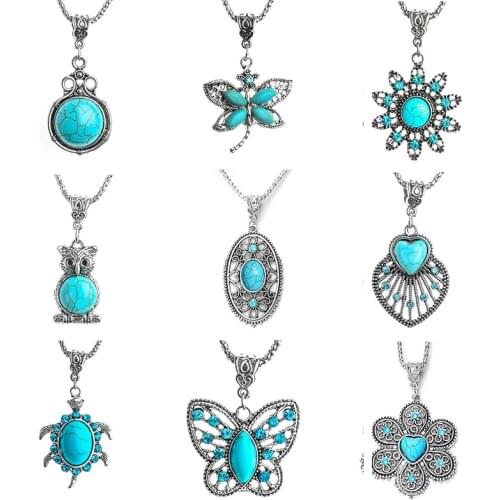 H:HYDE New Natural Blue Stone Pendant Necklace Sliver Colors Bijoux Collier Crystal Owl Butterfly Flower Jewelry Gifts For Women