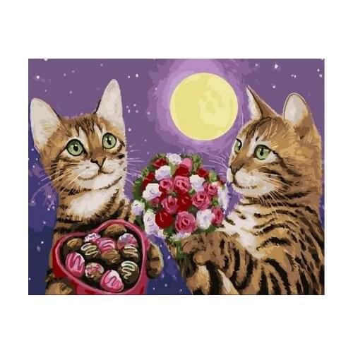Two cats Rendezvous under the Moon painting calligraphy coloring by numbers hand painted canvas picture by number