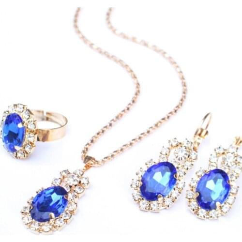 Crystal Blue Red White Stone Drop Pendant Necklace Earrings Ring For Brides Gift Set Fashion Wedding Jewelry Sets