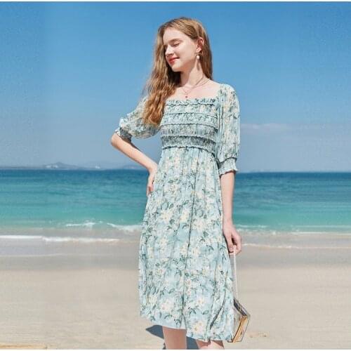 Summer Dress Female Floral Woman Beach Dress Patchwork Folds Casual Womens Dresses Short Sleeve Slim Summer Dress Woman 2021