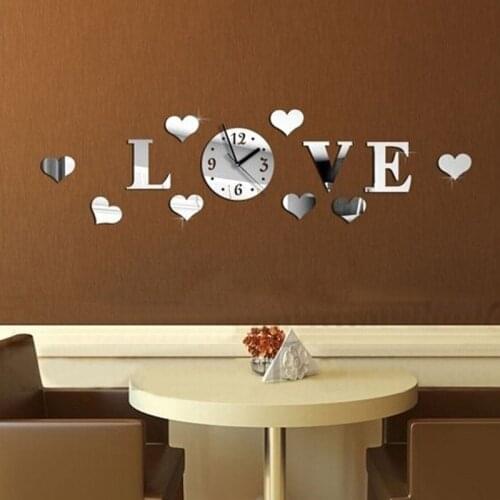 Fashion 3D Crystal Mirror Acrylic Love Wall Stickers Clock Modern DIY Wall Watch Living Room Decoration Gifts
