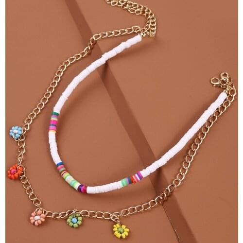 2 Pcs/Set Fashion Womens White Polymer Clay Necklaces Female Gold Color Metal Chain Beaded Flower Handmade Necklace Pendant