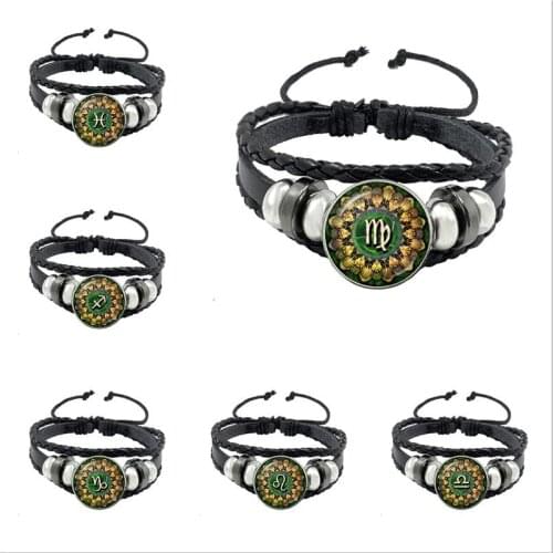 Fashion Mandala 12 Zodiac Signs Constellation Charm Bracelet Men Women Multilayer Weave Leather Bracelet & Bangle Birthday Gifts