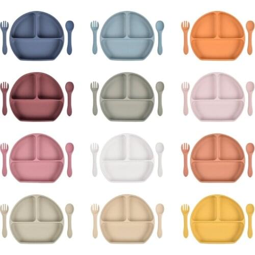 Baby Silicone Dish Set Feeding Tableware For Baby Kitchenware Multi-Color Spoon Plate Fork BPA Free