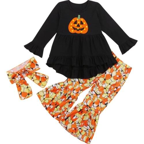 2021 Newest Baby Halloween Long Sleeve + Long Bell Bottom Pants, Pumpkin Print Ruffle Decoration Spring Clothing