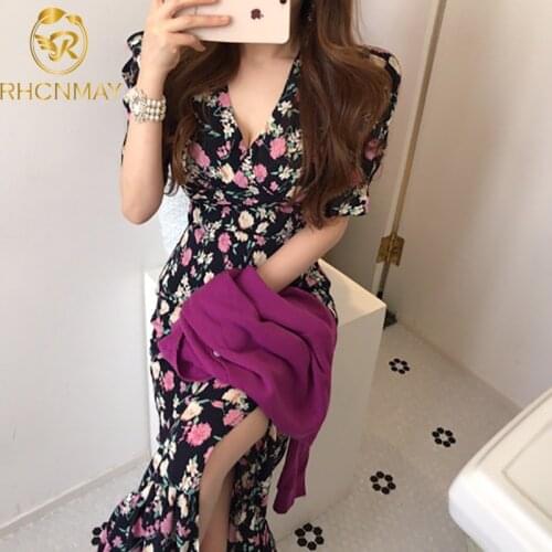 2021 New Summer Dress Puff Short Sleeve Chic Retro Chiffon Floral Split Long Mermaid Bandage Print Dress
