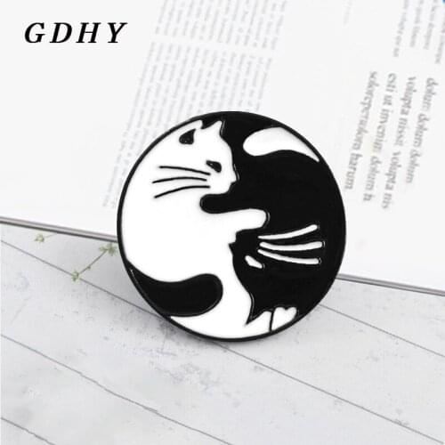 GDHY Hugging Cats Black White Yin Yang Tai Chi Cats Brooches Enamel Pins Jeans Shirt bag For Lovers Friends Badge Accessories
