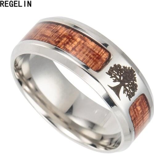 REGELIN stainless steel wedding ring inlaid Life Tree Cross teak Woody jewelry titanium steel ring For Men and Wmen Gift