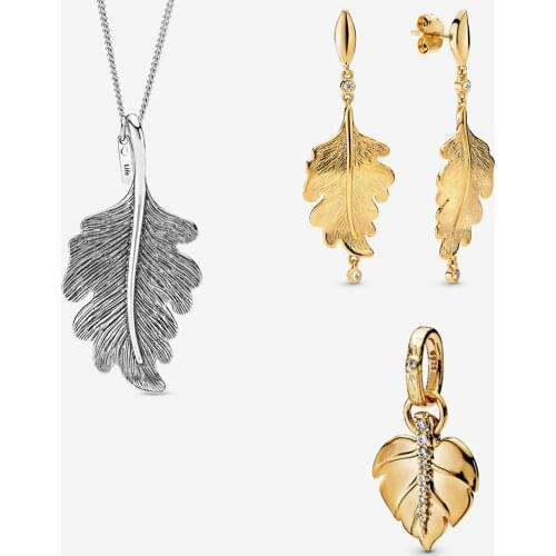 2019 Autumn New Exquisite Line Shine Shining Pendant Leaf Oak Earrings Life Necklace Original Womens Vintage Jewelry Gift