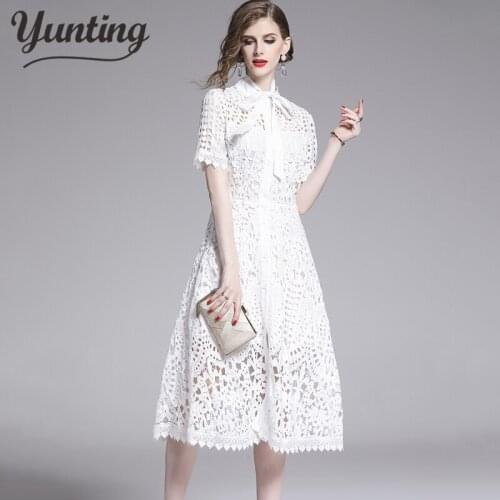 Runway Dress 2021 Women Star Hollow Out Lace Patchwork short Sleeve High Waist Party Dress