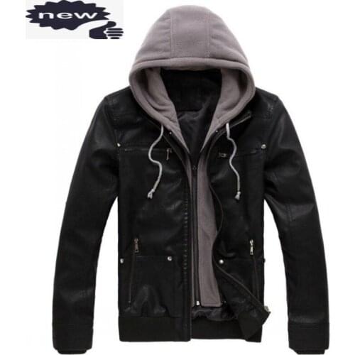 Casual Korean Autumn Mens Hooded Faux Outerwear Coats Moto Biker Slim Hat Detachable Male PU Leather Jackets Plus Size