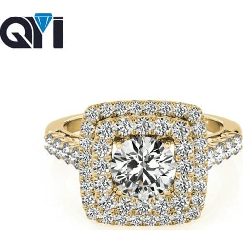 QYI Unique Design Double Halo Engagement Wedding Ring Set Round Cut 14k Yellow Gold Simulated Diamond For Women
