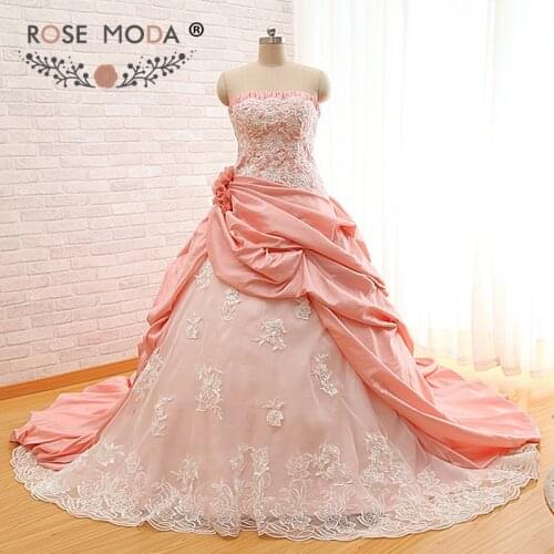 Rose Moda Blush Pink Peach Wedding Dress Strapless Lace Wedding Dresses Plus Size Lace Up Back Real Photos