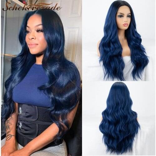 Body Wave Lace Front Wig Synthetic Lace Front Wig Long Blue Wigs For Women Ombre Lace Front Wigs Heat Resistant 13×3 Party Sche