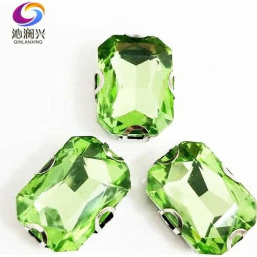 Light green Rectangle octagonal shape Glass Crystal sew on Anti hook D shape claw rhinestones,Diy Clothing accessories SWCD15