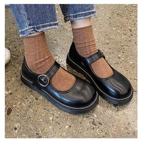 New Women Oxford Shoes Lolita Shoes Flat on Platform Casual Shoes Black Lace Up Leather Shoes Sewing Round Toe Zapatos Mujer