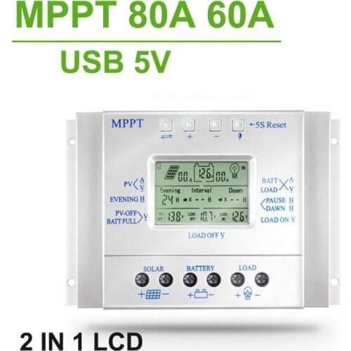 Solar Charge Controller MPPT 60A 80A 12V 24V Auto Big LCD Display with 2m Cable Regulated Power Supply Solar Charger USB