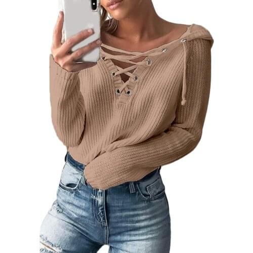 Women Solid Color Long Sleeve V Neck Front Cross Bandage Pullover Knitwear Tops