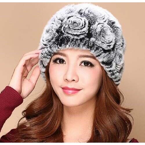 Winter rex rabbit fur hat with rose frower female fur cap middle-aged mom