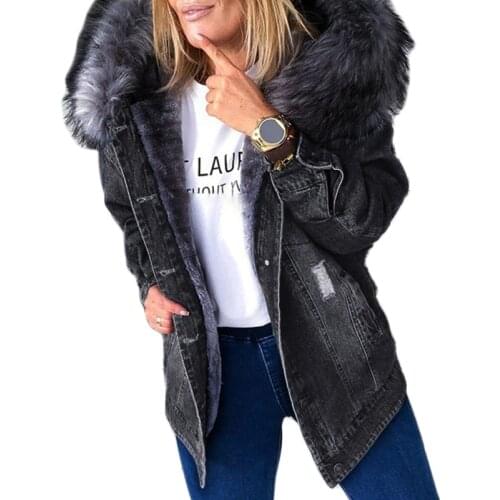 Women Winter Warm Fluffy Collar Hooded Denim Jacket Thick Plush Lined Warm Long Sleeve Jean Coat Button Down Oversized Loose Out