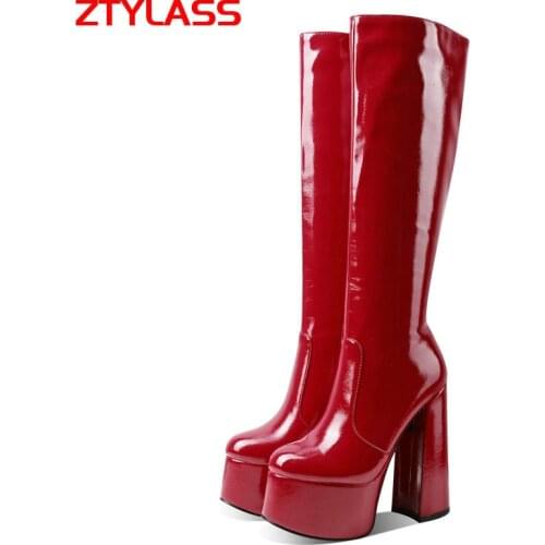 Black Red Platform Autumn Women Boots Fashion Patent Leathe Knee High Boots Super High Heel Long Boots Winter Zipper Punk Shoes