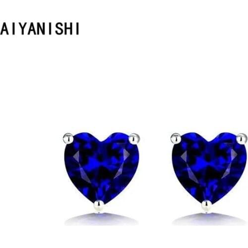 AIYANISHI 925 Sterling Silver Earrings Created Sapphire Heart Stud Earrings For Women brincos pendientes bijoux Wedding Jewelry