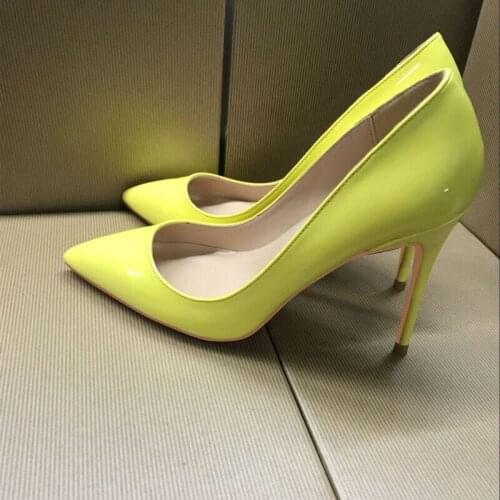 Lemon Yellow 12cm high heeled lady pumps shallow pointed toe woman shoes party shoes women pumps wedding shoes QP090 CHENSIR9