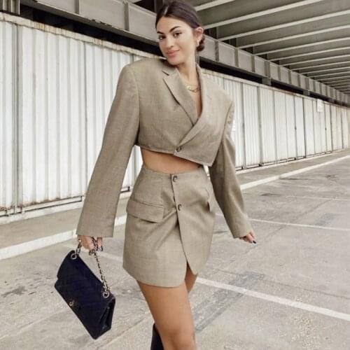 Women Two Piece Suit Cropped Blazer And Wrap Mini Skirt Crop One Button Suit Blazer And Mini Skirt Set WLFG