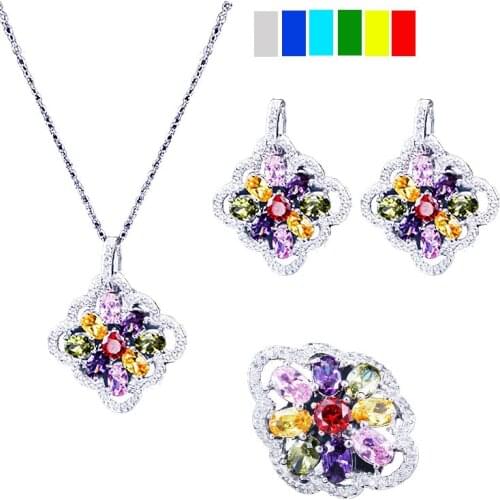 Silver 925 Jewelry Sets For Women Multicolor AAA Sapphire Topaz Garnet Necklace Earrings Ring