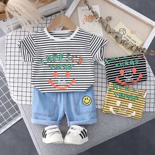 New Baby Boys Summer Cotton O-neck Children Strips T Shirts Denim Shorts 2Pcs/sets Infant Kids Fashion Trend Toddler Tracksuits